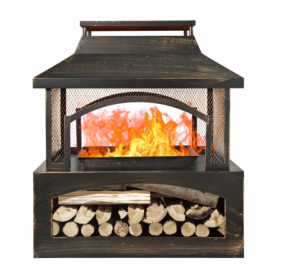 37 Inch Rectangular Metal Outdoor Wood Burning Fireplace - Outdoor Fireplace With Built-in Log Storage & Brush Stick For Log Burner Fire Pit In Patio