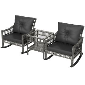 3 Piece Outdoor PE Rattan Rocker Chair Set, Rocking Chair With Tempered Glass Table Top, Gray