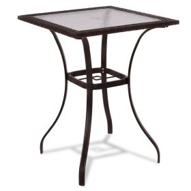28.5 Inch Outdoor Patio Square Glass Top Table With Rattan Edging