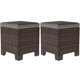 2 Piece Wicker Outdoor Ottomans With Cushions, Rattan Ottoman Footrest And Side Table For Patio, Yard, Poolside, Gray