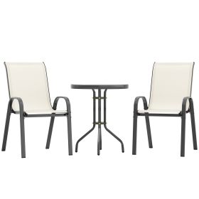 3 Pieces Bistro Set, Small Patio Furniture Set With Stackable Chairs And Glass Table For Backyard, Balcony, Beige
