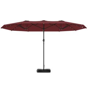 Garden Parasol 14.4ft Double-Sided Sun Umbrella With Base, Patio Parasol With LED Solar Lights, Wine Red