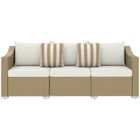Rattan Wicker 3 Seater Patio Couch With Cushions, 2 Throw Pillows, Outdoor Furniture Rattan Sofa, Cream White