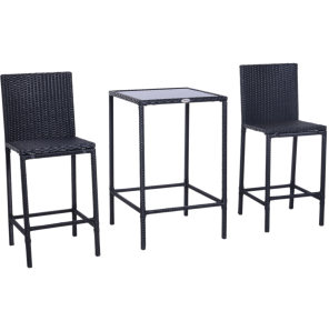 Wicker Bar Set, 3-Piece Outdoor Counter Height With Glass Top Table & Stools, All-Weather - Black