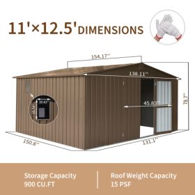 Storage Shed 11 X 12.5  With Galvanized Steel Frame & Windows, Outdoor Garden Shed Metal Utility Tool Storage Room With Lockable Door For Patio Brown
