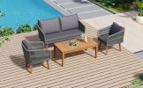 TREXM 4-Piece Patio Conversation Set, Solid Wood Loveseat, 2 Chairs and Table, Outdoor Conversation Group with Cushions for Backyard, Poolside, Garden