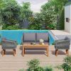 TREXM 4-Piece Patio Conversation Set, Solid Wood Loveseat, 2 Chairs and Table, Outdoor Conversation Group with Cushions for Backyard, Poolside, Garden