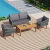 TREXM 4-Piece Patio Conversation Set, Solid Wood Loveseat, 2 Chairs and Table, Outdoor Conversation Group with Cushions for Backyard, Poolside, Garden