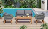TREXM 4-Piece Patio Conversation Set, Solid Wood Loveseat, 2 Chairs and Table, Outdoor Conversation Group with Cushions for Backyard, Poolside, Garden