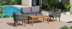 TREXM 4-Piece Patio Conversation Set, Solid Wood Loveseat, 2 Chairs and Table, Outdoor Conversation Group with Cushions for Backyard, Poolside, Garden