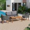 TREXM 4-Piece Patio Conversation Set, Solid Wood Loveseat, 2 Chairs and Table, Outdoor Conversation Group with Cushions for Backyard, Poolside, Garden