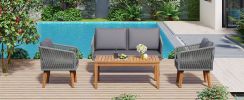 TREXM 4-Piece Patio Conversation Set, Solid Wood Loveseat, 2 Chairs and Table, Outdoor Conversation Group with Cushions for Backyard, Poolside, Garden