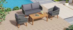 TREXM 4-Piece Patio Conversation Set, Solid Wood Loveseat, 2 Chairs and Table, Outdoor Conversation Group with Cushions for Backyard, Poolside, Garden