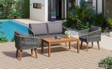 TREXM 4-Piece Patio Conversation Set, Solid Wood Loveseat, 2 Chairs and Table, Outdoor Conversation Group with Cushions for Backyard, Poolside, Garden