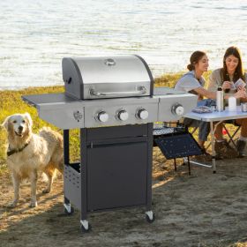 Propane Grill 3 Burner Barbecue Grill Stainless Steel Gas Grill With Side Burner, 37,000 BTU Outdoor Cooking, Patio, Garden Barbecue Grill, Black And (Color: Silver)
