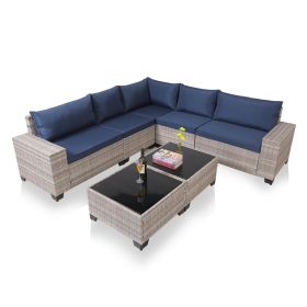 7-Piece Outdoor Patio Furniture Sets, All-Weather Wicker Rattan Sectional Sofa, Modern Two Glass Coffee Table And Washable Seat Cushion (Option: GREYWHITE BLUE)