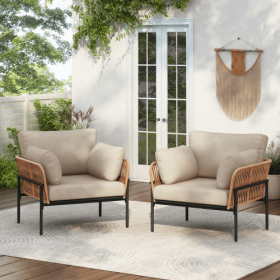 Set Of 2 36 Beige Iron Lounge Chair With Rope Weave Design And Plush Cushions, Perfect For Indoor And Outdoor Relaxation (Option: BeigeNatural)