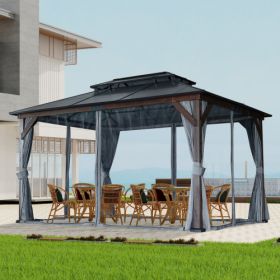 10' X 13' Hardtop Wood Gazebo For Patios, Outdoor Framed Gazebo With Polycarbonate Double Roof Canopy, Solid Wooden Framed Gazebo With Privacy Curtain (Option: BlackBrown)