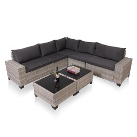 7-Piece Outdoor Patio Furniture Sets, All-Weather Wicker Rattan Sectional Sofa, Modern Two Glass Coffee Table And Washable Seat Cushion (Option: GREY WHITE)