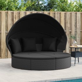 Patio Lounge Bed with Canopy and Cushions Black Poly Rattan (Color: Black)