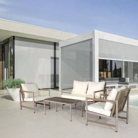 4 Pieces Patio Furniture Set, PE Rattan Wicker 4 Pcs Outdoor Sofa Set w/Washable Cushion and Tempered Glass Tabletop (Color: White+Natural)