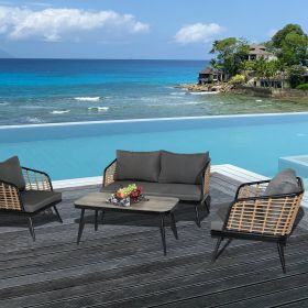 4 Pieces Patio Furniture Set, PE Rattan Wicker 4 Pcs Outdoor Sofa Set w/Washable Cushion and Tempered Glass Tabletop (Color: Black+Natural)