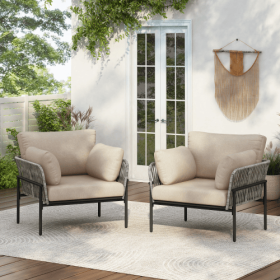 Set Of 2 36 Beige Iron Lounge Chair With Rope Weave Design And Plush Cushions, Perfect For Indoor And Outdoor Relaxation (Option: BeigeGrey)