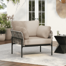 36 Beige Iron Lounge Chair With Rope Weave Design And Plush Cushions, Perfect For Indoor And Outdoor Relaxation (Option: BeigeGrey)